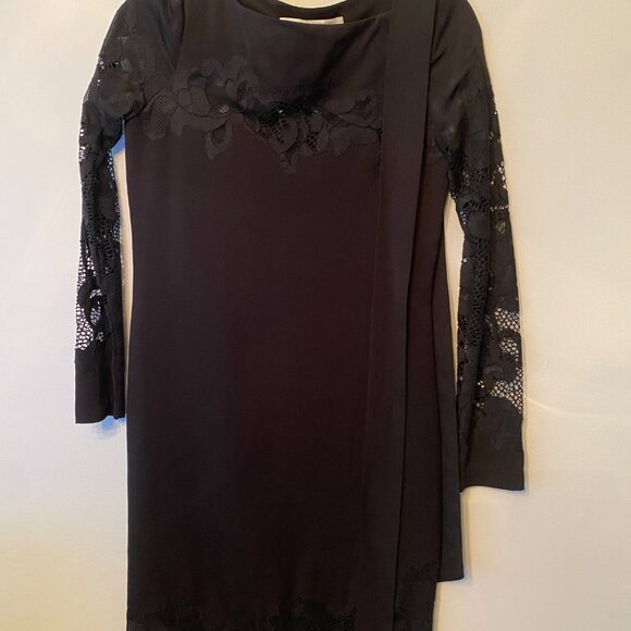 Diane Von Furstenberg DVF Black Ernestina Lace Trim Sash Tie Stretch Silk Dress - Picture 4 of 9